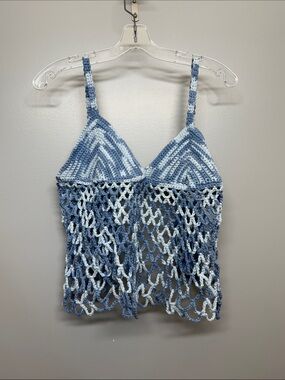 Handmade Blue & Cream Wrap Crochet Fringe Shawl Open Back Crop Top